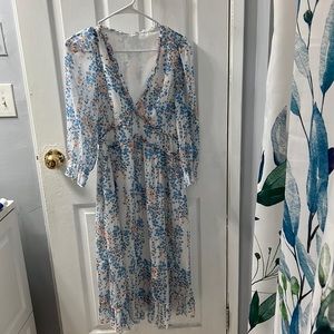 S quarter sleeve midi dress with orange and blue floral
